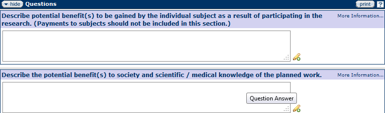 Figure 173 Protocol Document, Questionnaire Page –Potential Benefits Section